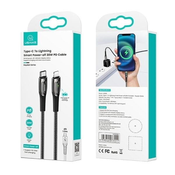 USAMS Flätad kabel USB-C till Lightning Smart Power-off 20W PD-kabel 1,2 m svart/svart SJ518USB01 (US-SJ518)