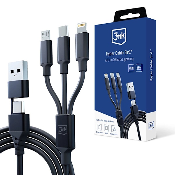 3mk Hyperkabel 3-i-1 USB-A - USB-C / USB-C - mikro-USB - Lightning 1,5 m - svart
