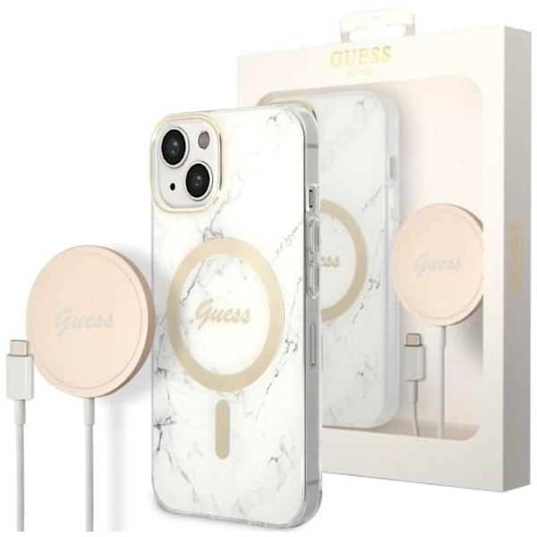 Guess sett MagSafe lader + etui for iPhone 14 Plus 6.7 hvit marmortelefon (GUBPP14MHMEACSH)
