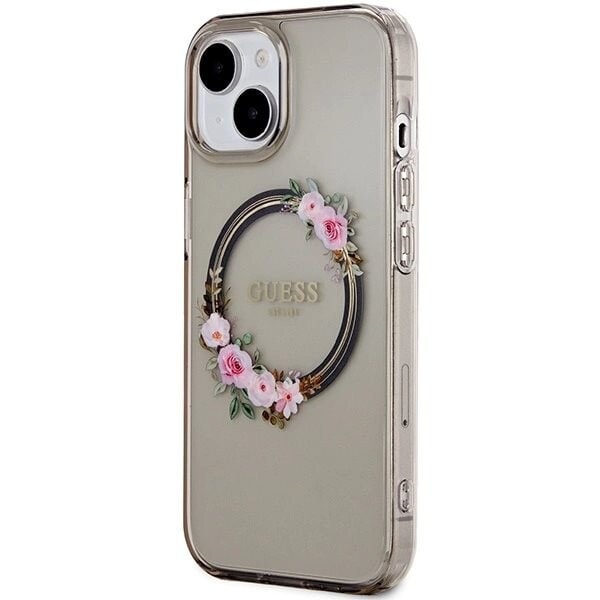 Guess IML Flowers Wreath MagSafe beskyttelsesdeksel til iPhone 15/14/13 - svart