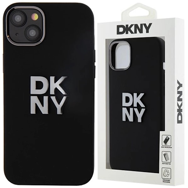 DKNY flytende silikonmetalllogoetui til iPhone 15 Plus / 14 Plus - Svart