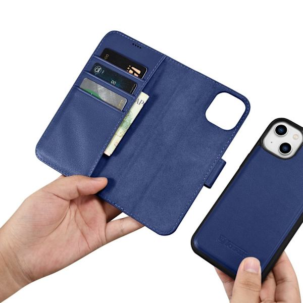 iCarer Lommebokveske 2-i-1 iPhone 14-deksel Leather Flip Cover Anti-RFID Blå (WMI14220725-BU)