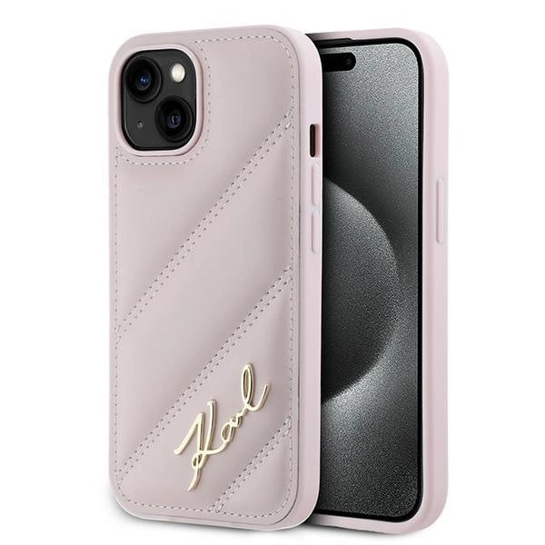 KARL LAGERFELD DIAGONAL QUILTED SCRIPT COVER TIL IPHONE 15/14/13 - PINK