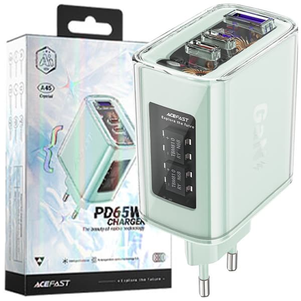 Acefast GaN-lader 65W 3 porter (1xUSB, 2xUSB C) grønn (A45)
