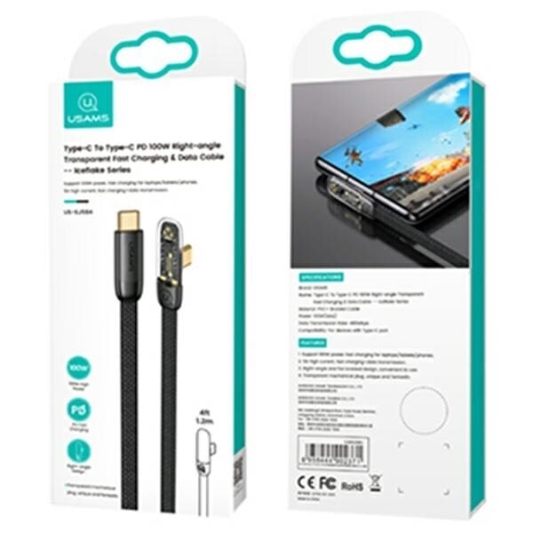 USAMS rätvinklig USB-C till USB-C PD-kabel 100W Snabbladdning Iceflake Series 2m svart/svart SJ587USB01 (US-SJ587)