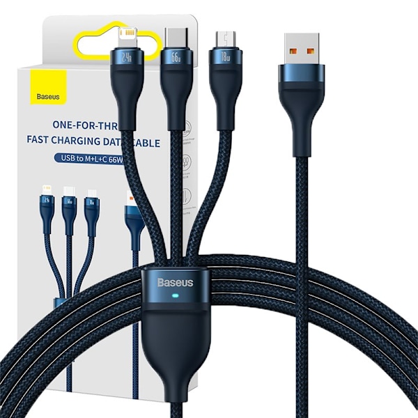 Baseus Flash Series 3-i-1 hurtigladekabel USB-A-USB-C / Micro-USB / Lightning 66W 480Mb/s 1,2m blå