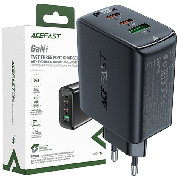 ACEFAST HURTIG NETVÆRKSLADER GAN 2XUSB-C/USB-A PPS/PD/QC4+ 65W SORT