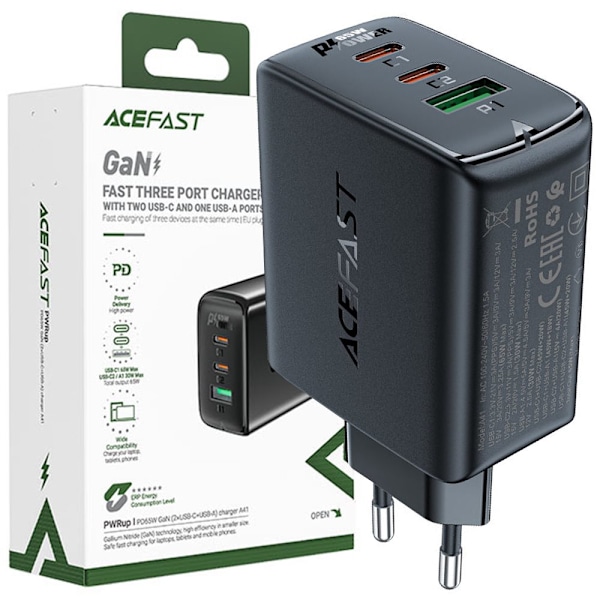 Acefast rask GaN-lader (2xUSB-C / USB-A) PPS / PD / QC4+ 65W svart (A41)