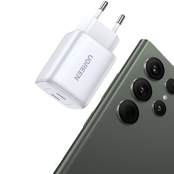 GaN hurtiglader 2 x USB-C 45W QC PD Ugreen CD294 - hvit