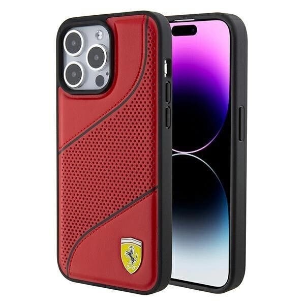 Ferrari Perforated Waves Metal Logo beskyttelsesdeksel til iPhone 15 Pro - rød