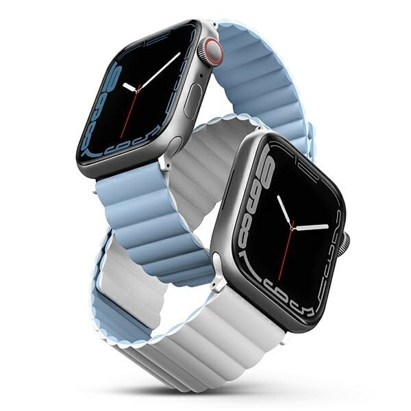 Unik Revix-rem for Apple Watch 1/2/3/4/5/6/7/8/SE/SE2/Ultra 42/44/45/49 mm. Vendbar Magnetisk hvit-blå/hvit