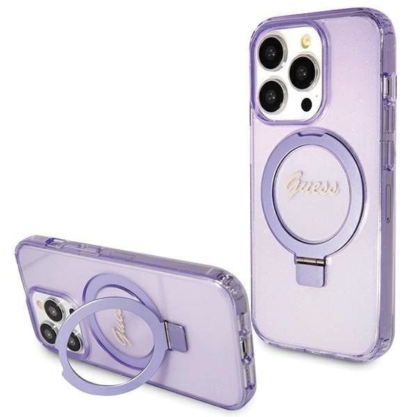 Guess Ring Stand Script Glitter MagSafe-deksel til iPhone 15 Pro - lilla