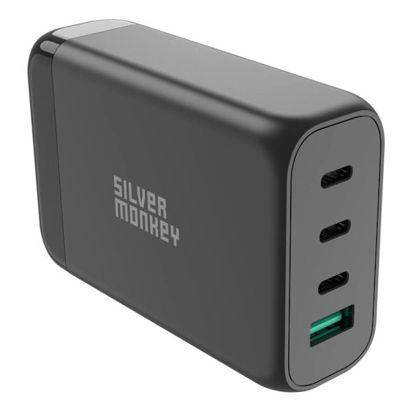 Silver Monkey SMA151 130W GaN-lader 3xUSB-C PD USB-A QC 3.0 med avtakbar strømledning - svart