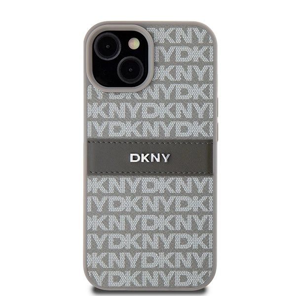 DKNY Leather Mono Stripe & Metal Logo Deksel for iPhone 15 Plus / 14 Plus - beige