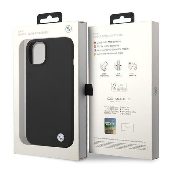 BMW SILIKONE METAL LOGO ETUI TIL IPHONE 14 - SORT