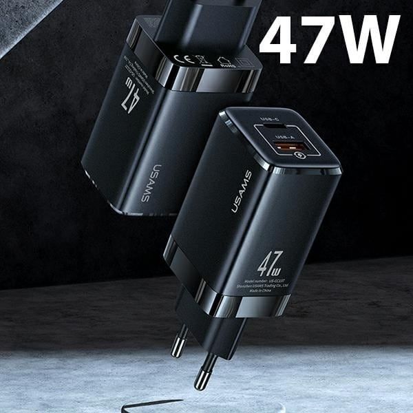 USAMS Lad. nätverk. T41 USB-C+USB GaN 47W PD+QC (endast huvud) Snabbladdning svart/svart CC137TC01 (US-CC137)