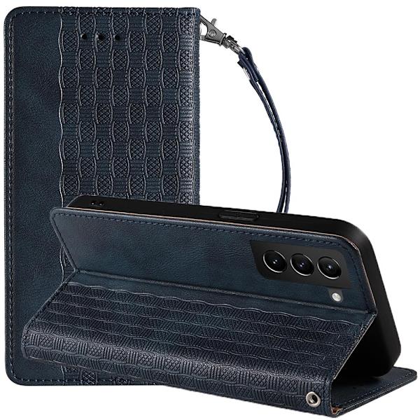 Magnetisk stroppdeksel for Samsung Galaxy S22+ (S22 Plus) lommebokbeskyttelse + anheng med minibånd i blått