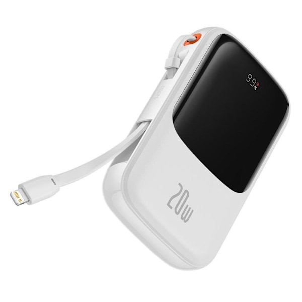 Baseus Qpow Digital Display strømbank med hurtiglading 10000mAh 20W QC/PD/SCP/FCP med innebygd Lightning-kabel hvit