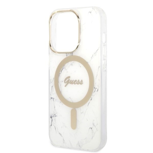 Guess sett MagSafe lader + deksel til iPhone 14 Pro 6.1 hvit marmor (GUBPP14LHMEACSH)