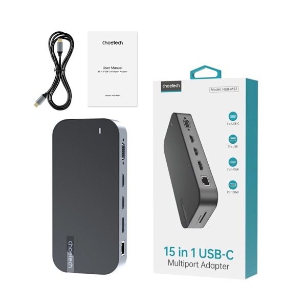 CHOETECH HUB USB-C - USB-C PD/USB-C/USB-A/HDMI /VGA/DP/SD/TF/RJ45/AUX GRÅ