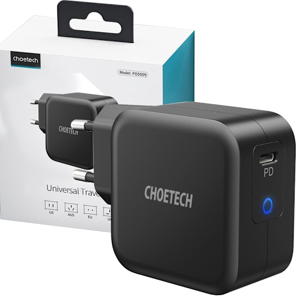 CHOETECH HURTIG NETVÆRKSLADER GAN USBC 61W 3A STRØMLEVERING SORT