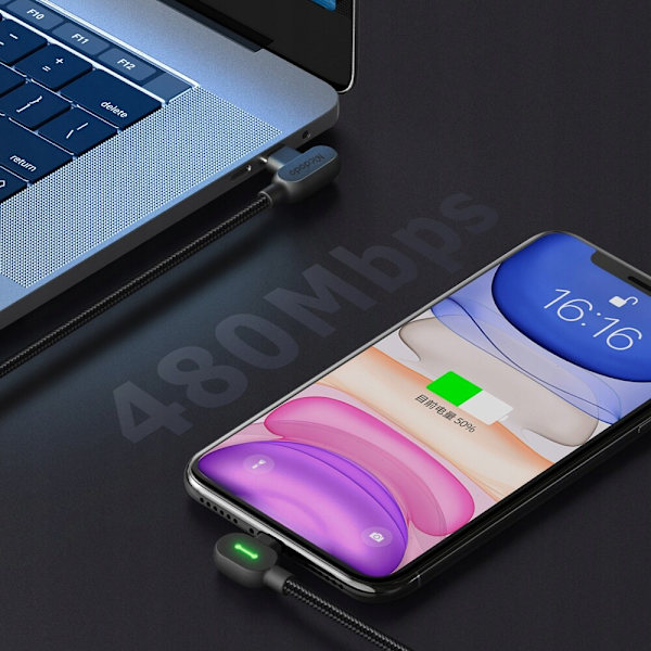 MCDODO 90° VINKEL KABEL USB-C DUBBELSIDIG LIGHTNING IPHONE 13 14 LED 1M