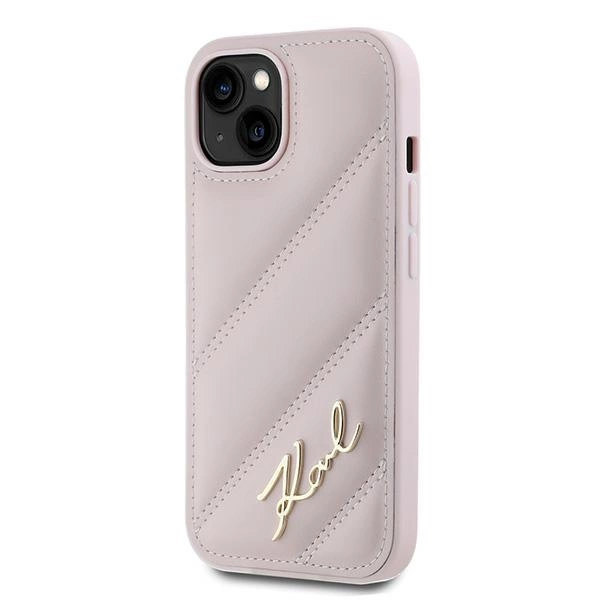 KARL LAGERFELD DIAGONAL QUILTED SCRIPT COVER TIL IPHONE 15 PLUS / 14 PLUS - PINK