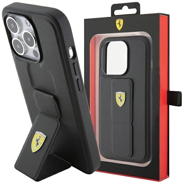 Ferrari Grip Stand Metal Logo beskyttelsesdeksel til iPhone 15 - svart