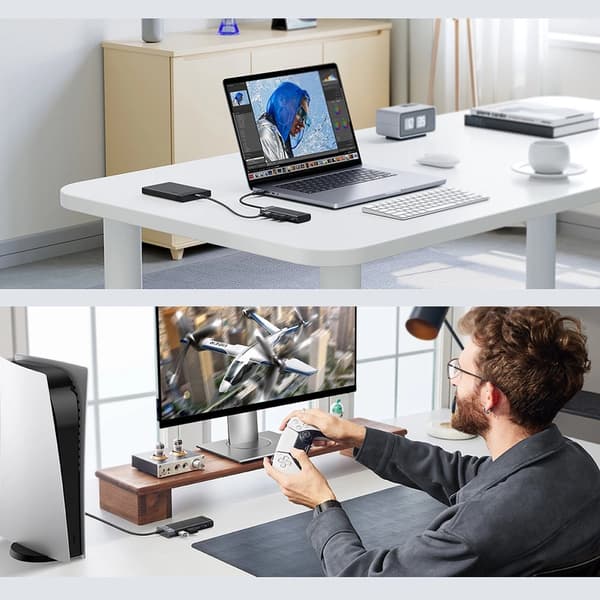 UGRØN MULTIFUNKTIONEL HUB MED 4 USB-PORTE OG USB STRØMKABEL SORT