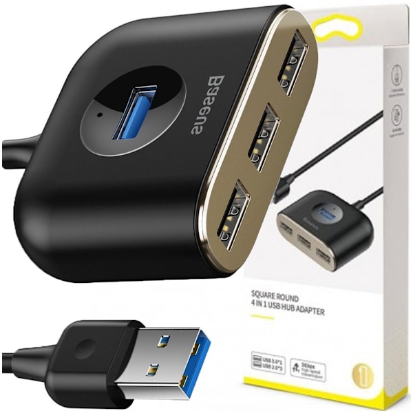 Baseus Square rund 4 i 1 USB-hubadapter (USB3.0 TIL USB3.0*1+USB2.0*3) 1m svart (CAHUB-AY01)