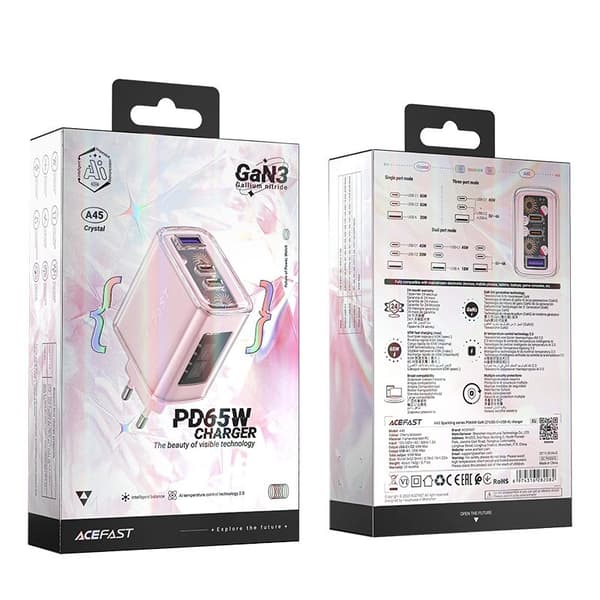 Acefast GaN-lader 65W 3 porter (1xUSB, 2xUSB C) rosa (A45)