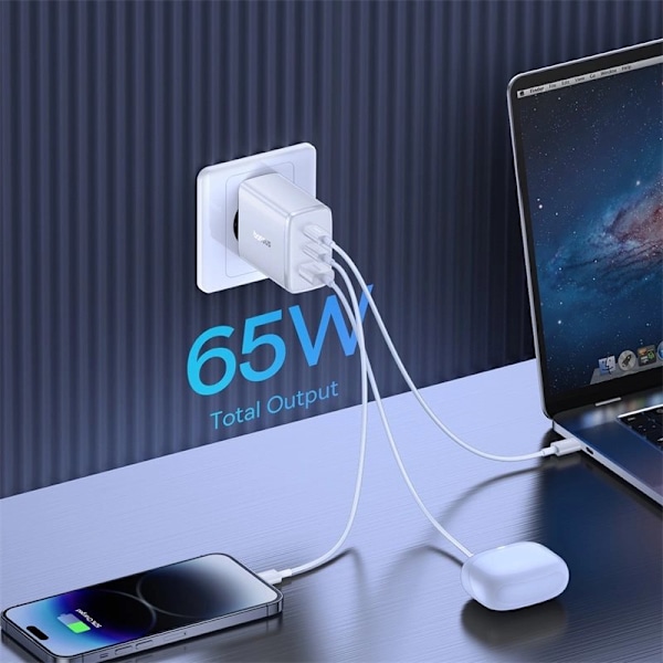 Baseus Cube Pro 65W GaN lader 2x USB-C USB-A - hvit