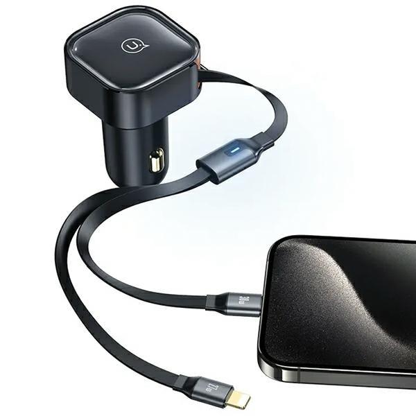 USAMS Lad. ensam. med indragbar kabel 1xUSB-C+1x Lightning C41 PD 30W Snabbladdning svart/svart CC219CC01 (US-CC219)