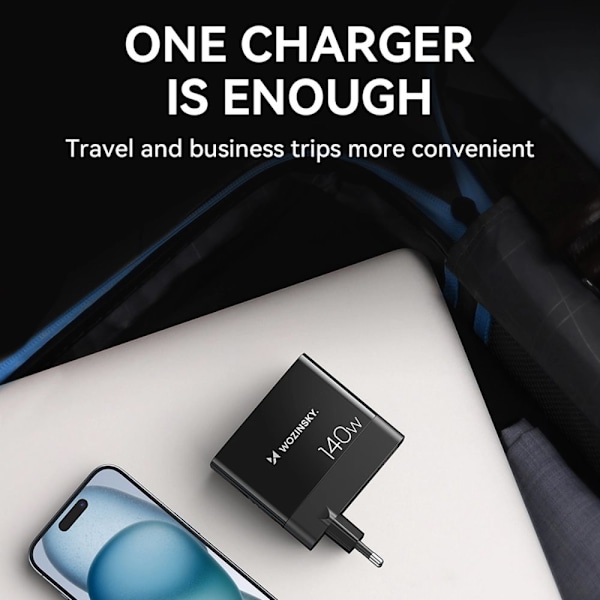 Wozinsky CGWCB 140W GaN vegglader 3 x USB-C / 2 x USB-A - svart