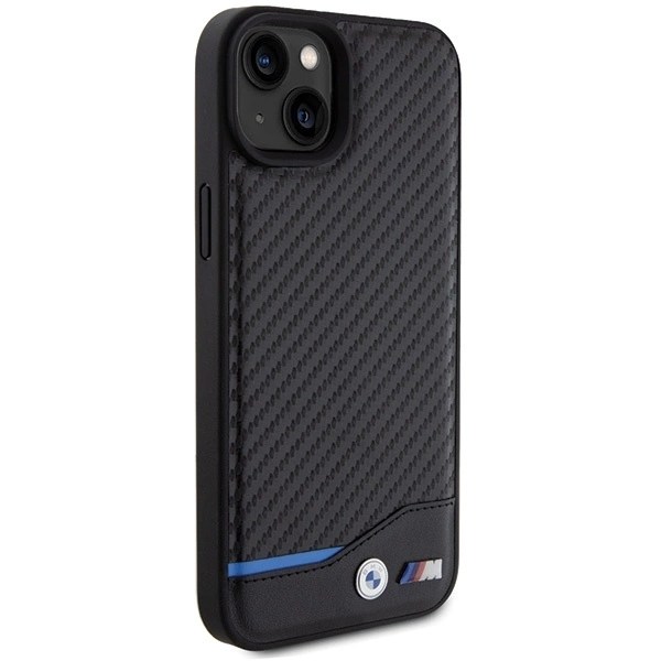 BMW LÆDER CARBON ETUI TIL IPHONE 15 PLUS - SORT