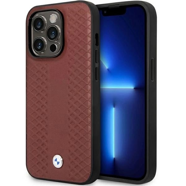 BMW LÆDER DIAMOND PATTERN COVER TIL IPHONE 14 PRO MAX - BORDEAUX