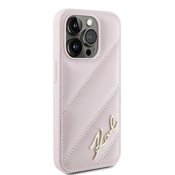 KARL LAGERFELD DIAGONAL QUILTED SCRIPT COVER TIL IPHONE 15 PRO - PINK