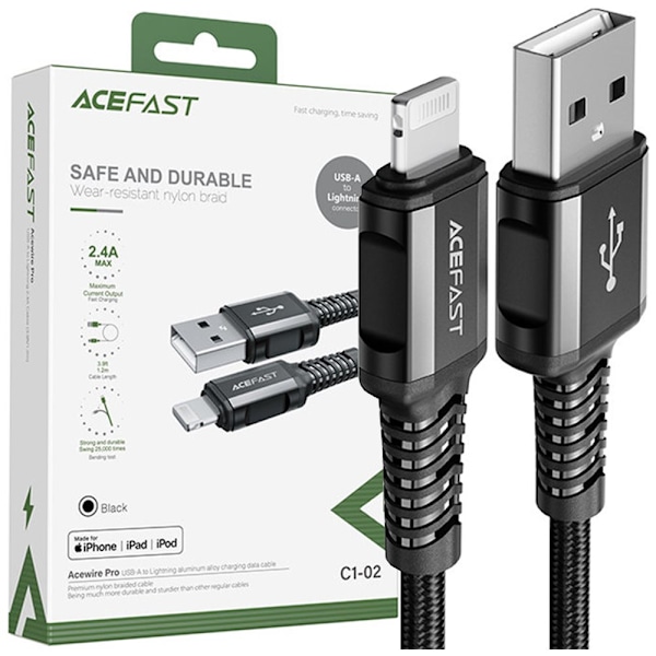 ACEFAST KABEL LANG STÆRK MFI USB - LYN 1,2M 2,4A SORT