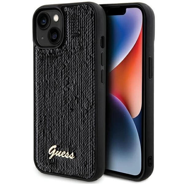 Guess Sequin Script metalldeksel til iPhone 14 / 15 / 13 - Svart