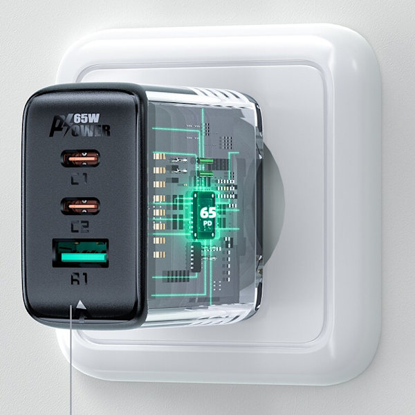 ACEFAST 2I 1 NETVÆRKSOPLADER 2X USB C / USB 65W, PD, QC 3.0+SORT KABEL