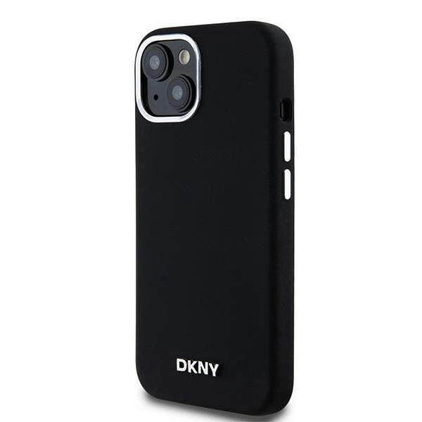 DKNY flytende silikon liten metalllogo MagSafe-deksel til iPhone 15 Plus / 14 Plus - Svart