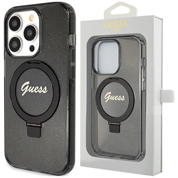 Guess Ring Stand Script Glitter MagSafe-deksel til iPhone 15 Pro Max - Svart