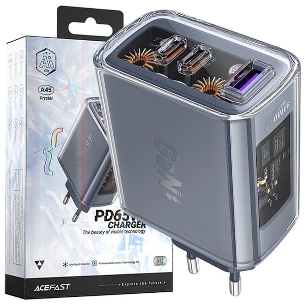 ACEFAST FAST NETVÆRKSLADER GAN 65W 3 PORTE (1XUSB, 2XUSB C) GRÅ