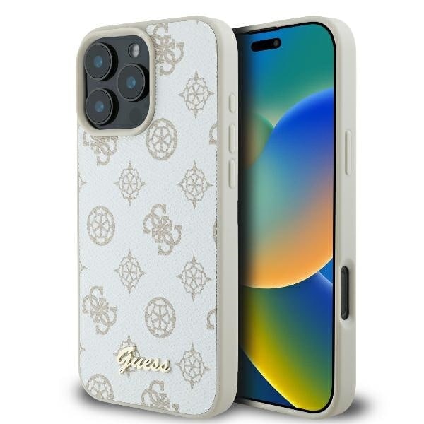 Guess GUHMP16LPGPYSH iPhone 16 Pro 6,3" vit/vit hårdfodral Peony Script Logo MagSafe