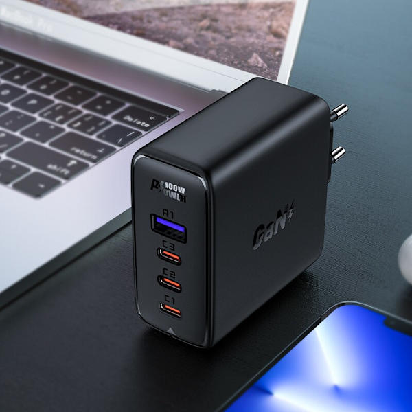 ACEFAST HURTIG NETVÆRKSLADER 3XUSBC/1XUSBA 100W SORT + KABEL 100W 2M