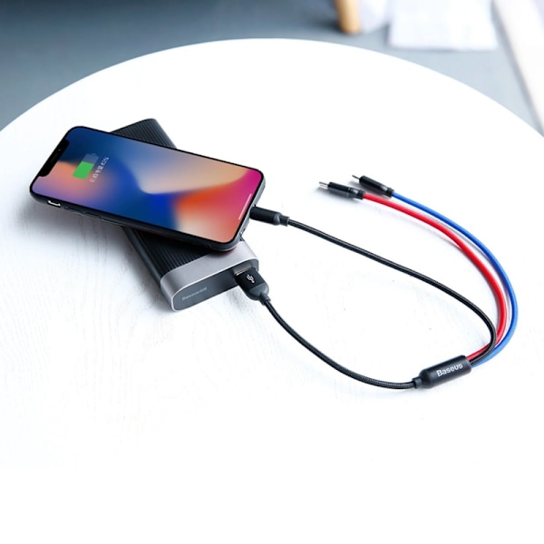Baseus tre primærfarger 3-i-1 USB-A - mikro-USB / Lightning / USB-C 3,5A-kabel 0,3 m - svart
