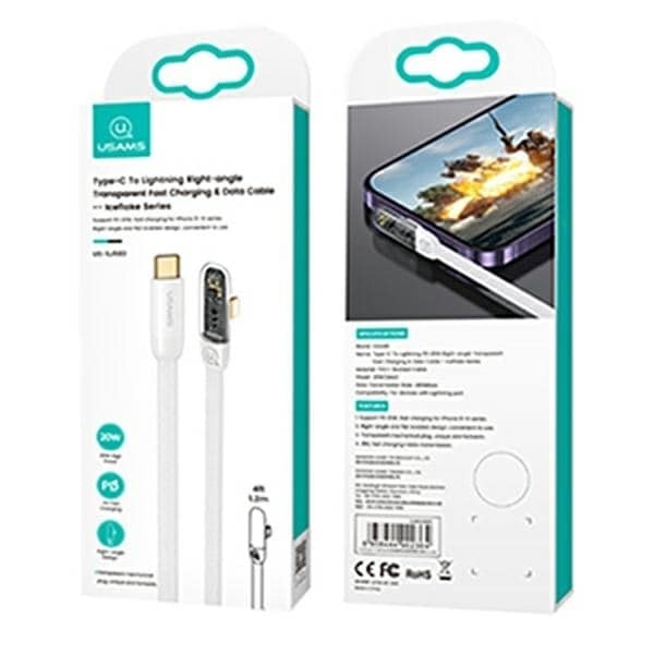 USAMS Vinklad USB-C till Lightning PD 20W Snabbladdning Iceflake Series-kabel 2m vit/vit SJ586USB02 (US-SJ586)