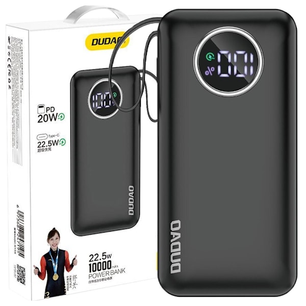 Dudao Powerbank 10000mAh 1xUSB-A / 1xUSB-C 22,5W med innebygd kabel 1xLightning / 1xUSB-C svart (K15sB)