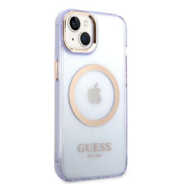 Guess GUHMP14SHTCMU iPhone 14 6.1 lilla/lilla hardt deksel Gold Outline gjennomsiktig MagSafe