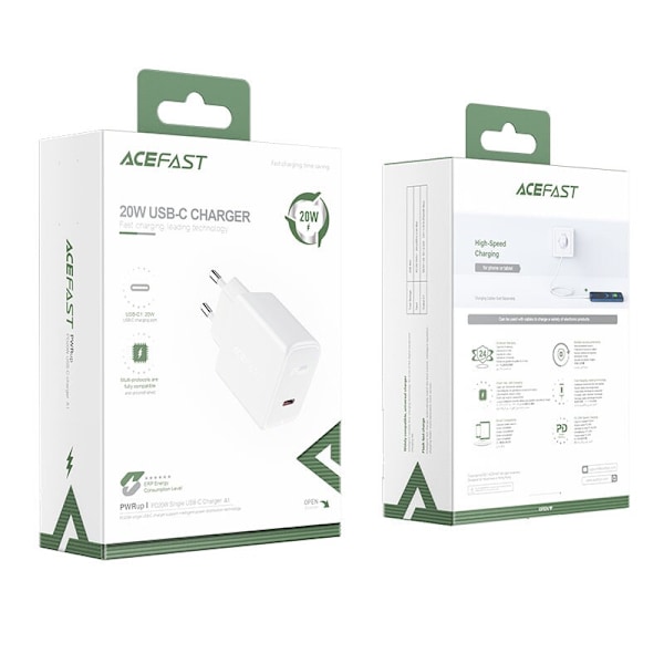 ACEFAST HURTIG NETVÆRKSLADER USB TYPE C 20W STRØMLEVERING HVID